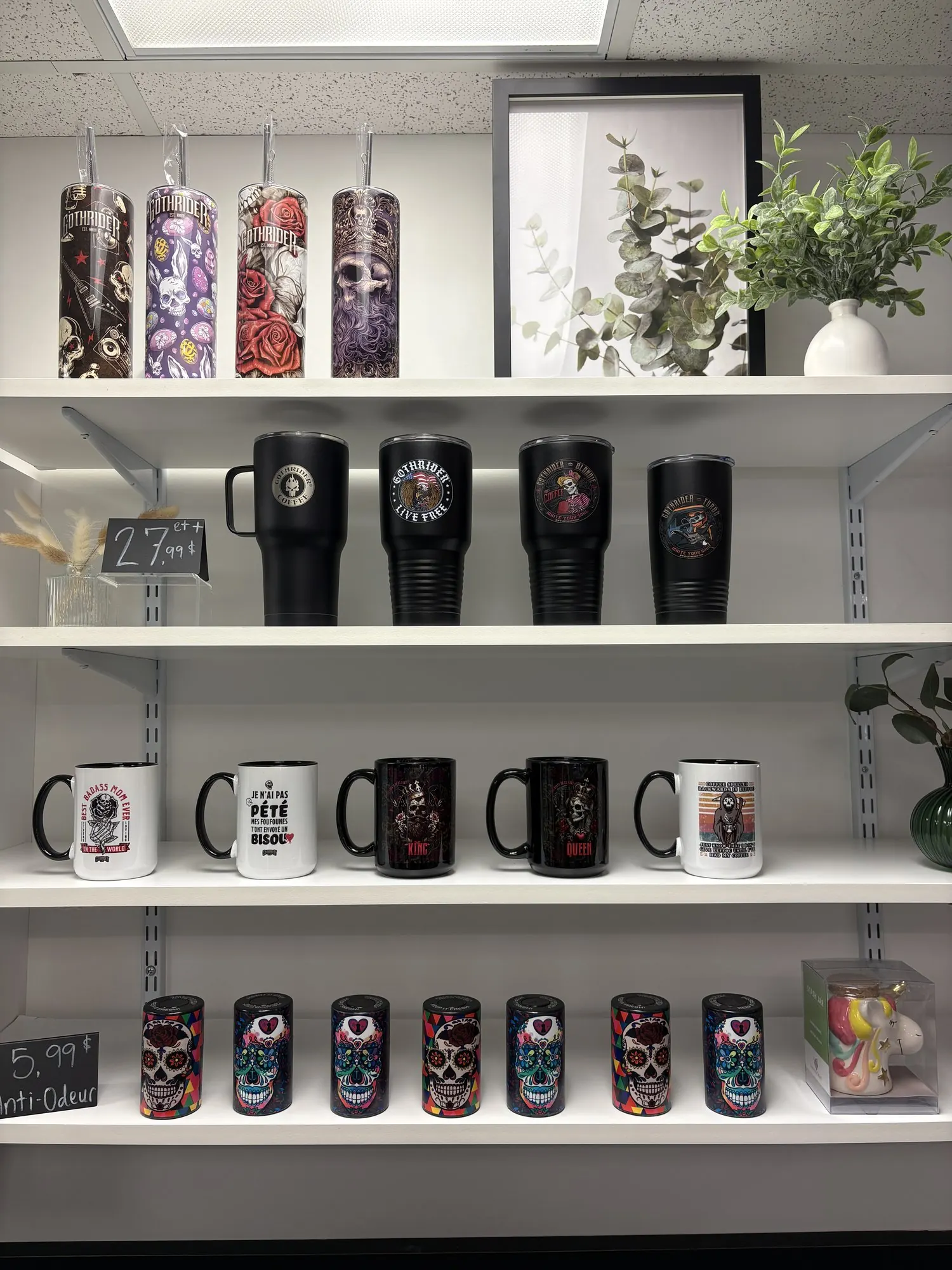 Présentoir mural décoratif avec produits et végétaux